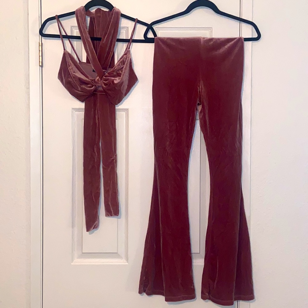 Super Cute Pink Velvet Two Piece Flare Pants Set
